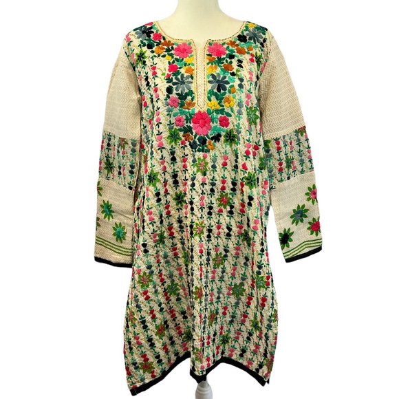 Source Unknown Tops - One-of-a-kind! Embroidered Cotton Multi-Color Floral Caftan Coverup Tuni…